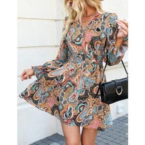 CUPSHE Women's Retro Paisley Tribal Print Puff Sleeve Ruffled Mini Dress Size L